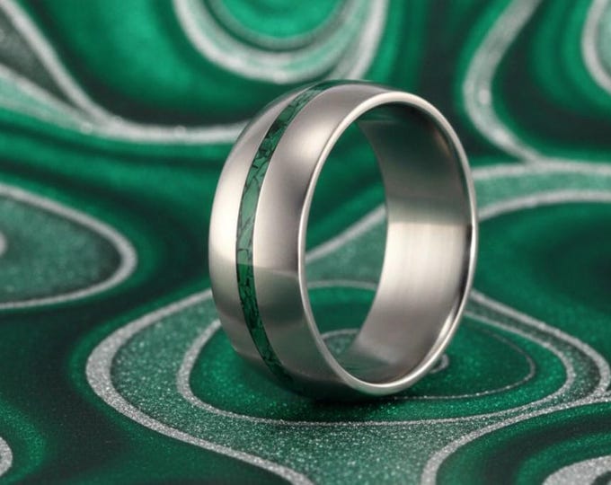 Handmade Titanium Wedding Band with Malachite Inlay. (03235_7N) FREE TAXES