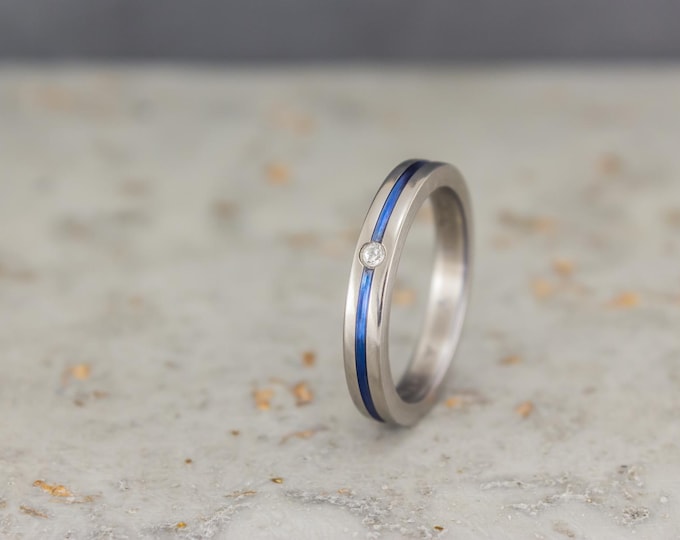Titanium Wedding Ring with Blue Anodized Inlay and Swarovski Crystal. (00016_3S)
