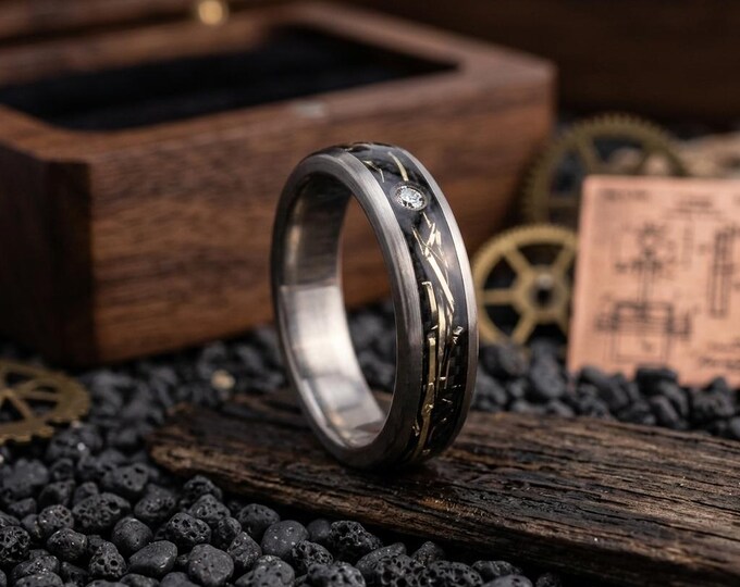 Handmade Titanium Brass Ring, Swarovski Crystal Inlay, Wedding Band. (05000_4S)