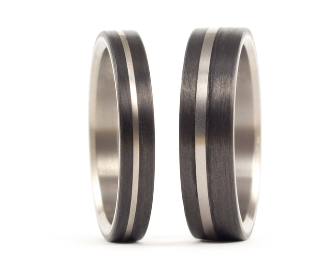 Carbon Fiber Titanium Wedding Band Set, Matte Black Rings. (00318_4N6N)