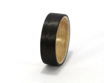 Matte carbon fiber and guatambu wood ring for him. Black flat wooden wedding band. Wood and carbon fiber engagement ring for him. (00409_7N)