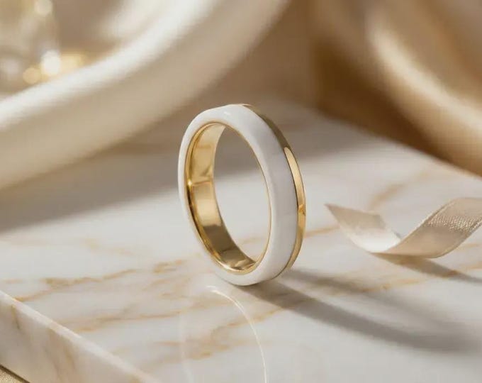 18K Yellow Gold Ring with White Corian Band, Handmade Flat Wedding Band. (00411_ 4N) FREE TAXES