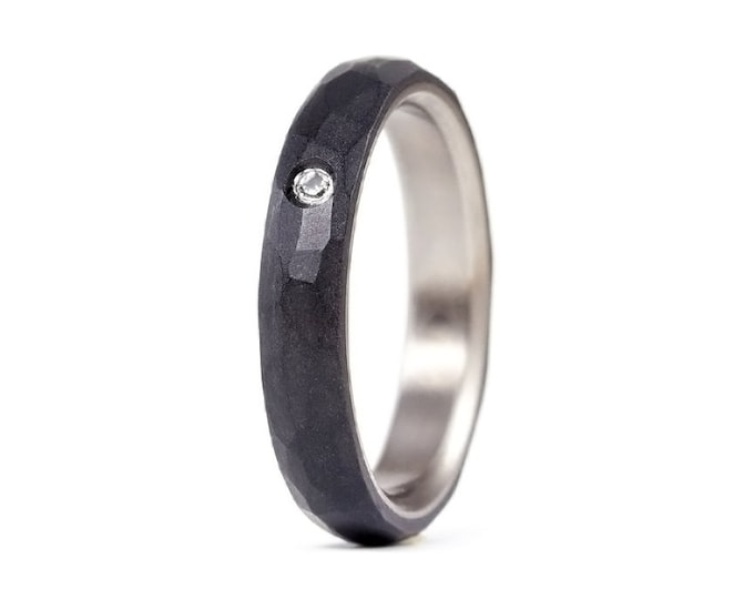 Hammered Titanium Graphite Ring, Swarovski Crystal Wedding Band. (01301_4S)