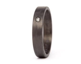 Matte carbon fiber ring for her. Black flat womens wedding band with Swarovski crystal. Engagement ring with gem (00101_4S1)