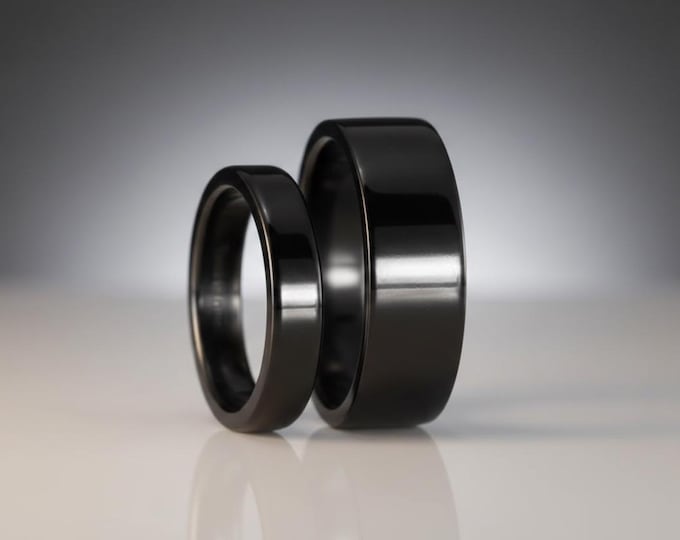 Black Zirconium Wedding Ring Set, Matching Flat Bands. (01111_4N7N)