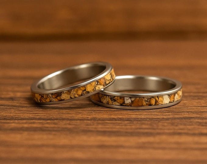 Titanium Wedding Bands with Brown Jasper Stone Inlay, Polished Rings. (03223_3N4N)