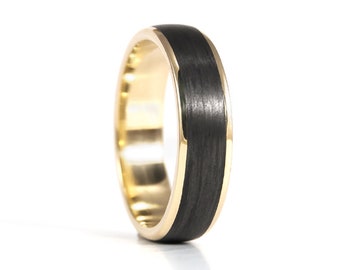 Yellow 18K gold ring with matte carbon fiber band. Black rounded wedding ring. Golden engagement ring  (04710_6N)