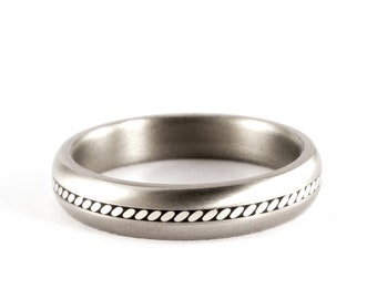 Matte titanium with silver strand ring for her. Round titanium womens wedding band. Engagement ring for her.  (04100_4N)