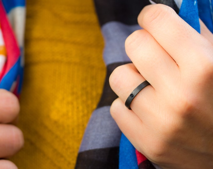 Matte Carbon Fiber Ring with Black Swarovski Crystal – Handmade Women's Band. (00101_4S)