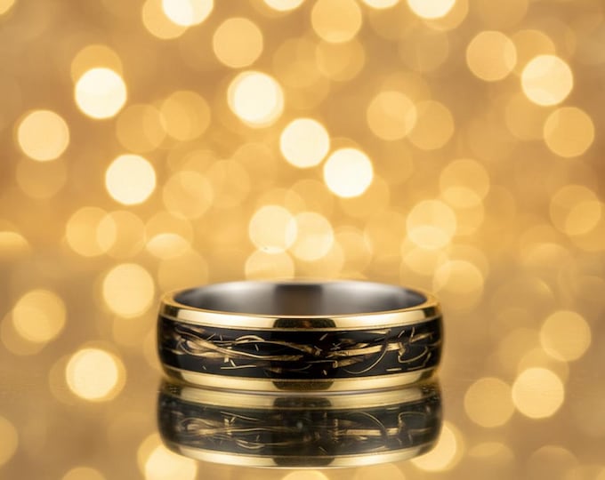 Handmade Titanium Brass Thread Ring - Black Mens Wedding Band. (05000_7N)