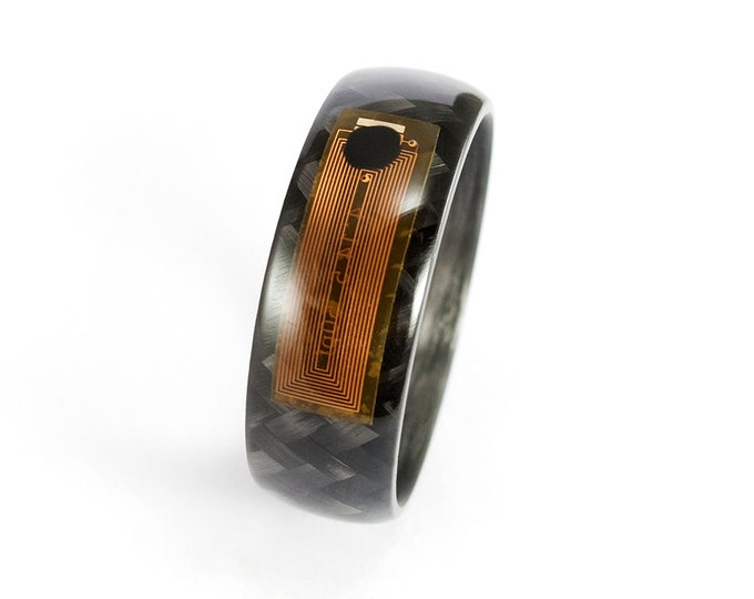 NFC Smart Ring glossy carbon fiber. Rounded black engagement ring.  (04901_8N)