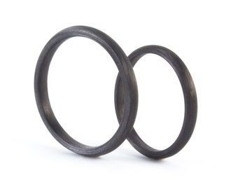 Matte carbon fiber wedding ring set. Black matching wedding bands. Rounded his and hers thin wedding rings. Engagement bands (00100_2N2N)