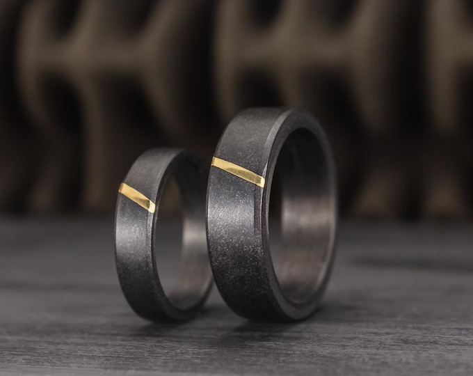 Featured listing image: Graphite and 18K yellow gold inlay. Flat matte matching wedding bands. Golden engagement rings (10050_5N7N)