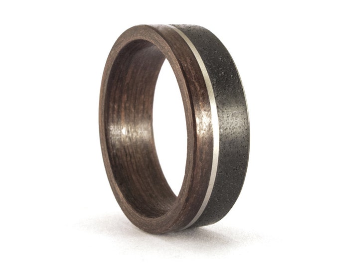 Matte black concrete and wenge wood ring with silver inlay. Black wedding band. Concrete wooden engagement ring (00906_7N)