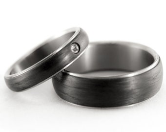 Titanium and carbon fiber wedding bands with Swarovski crystal. Black rounded weddings rings. Matte his and hers bands (00305_4S1_7N)