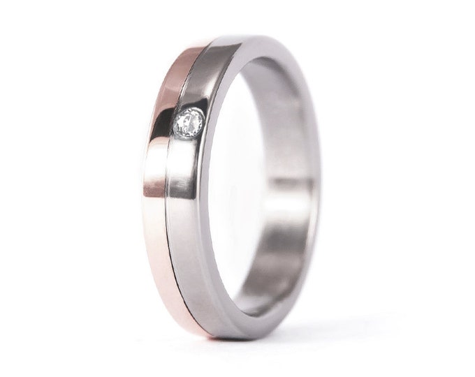 Rose Gold Titanium Wedding Band, Swarovski Crystal Engagement Ring. (00555_6S)