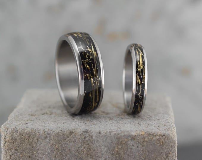 Handmade Titanium Brass Wedding Ring Set - Black Matching Bands. (05000_4N7N)