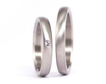 Matte titanium wedding band set. Round wedding bands with Swarovski crystal. Hypoallergenic matching bands. His and hers  (00003_3S1_3N)