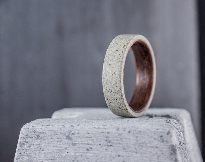 Matte Gray Concrete Ring with Wenge Wood Inlay, Men's Wedding Band. (00907_7N)