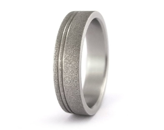Sandblasted Titanium Ring, Flat Inlay Mens Wedding Band. (00013_7N)