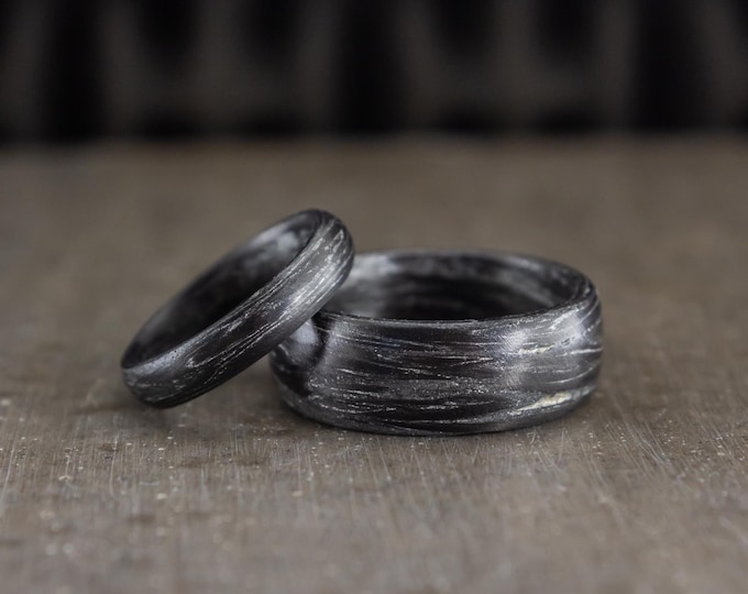 Matte Carbon Fiber Silver Marbled Wedding Ring Set. (00102_4N7N)