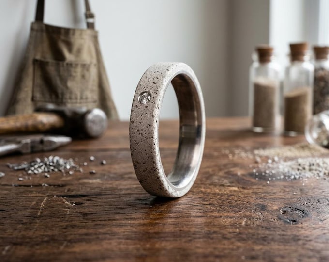 Titanium Concrete Ring with Swarovski Crystal, Matte Wedding Band. (00705_4S)