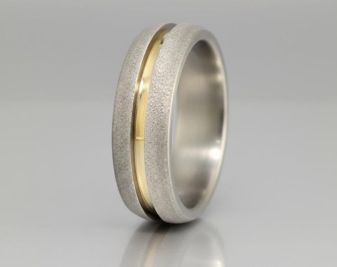 Sandblasted Titanium Ring with 18K Yellow Gold Inlay - Handmade Wedding Band. (01558_7N)