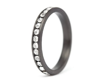 Carbon fiber eternity ring. Black engagement ring for her. Eternity Swarovski crystals ring with carbon fiber (00117_3S1)