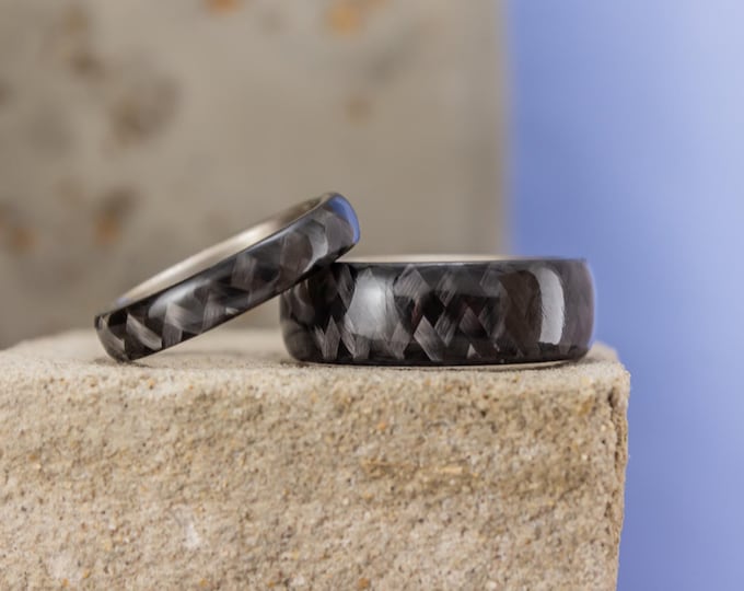 Titanium Carbon Fiber Wedding Band Set, Glossy Black Matching Rings. (00311_4N7N)