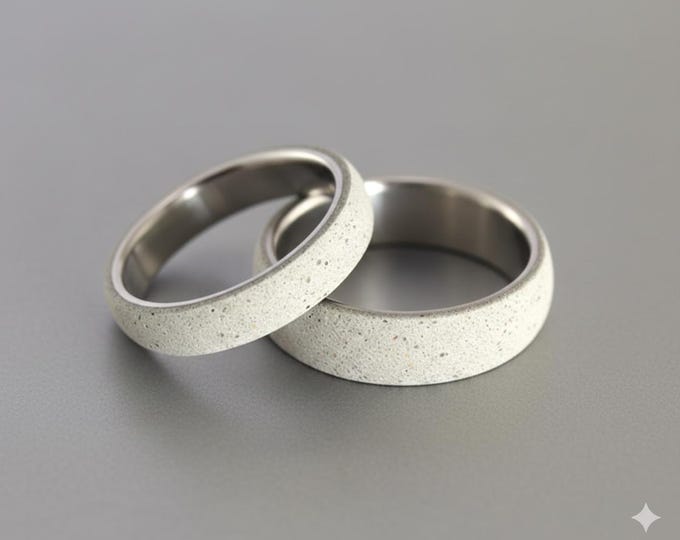 Titanium and gray concrete wedding ring set. Rounded matching wedding bands. (00706_4N6N)