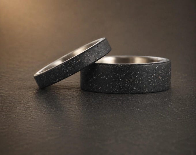 Titanium Black Concrete Wedding Ring Set - Handmade Matching Bands. (00700_4N7N) FREE TAXES