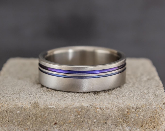 Matte Titanium Men's Wedding Ring with Blue Anodized Inlays