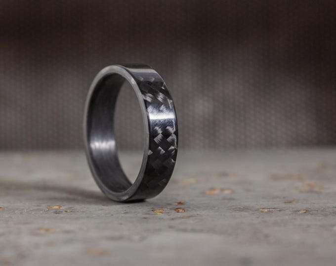 Carbon Fiber Flat Wedding Band, Black Glossy Ring. (00105_5N)