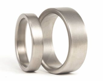 Matte titanium wedding band set. Flat wedding bands. Hypoallergenic matching bands. His and hers engagement bands (00002_4N7N)