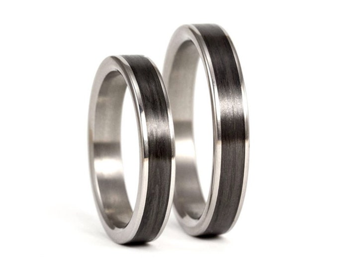 Handmade Titanium Carbon Fiber Wedding Band Set, Polished Edge. (00333_4N4N)