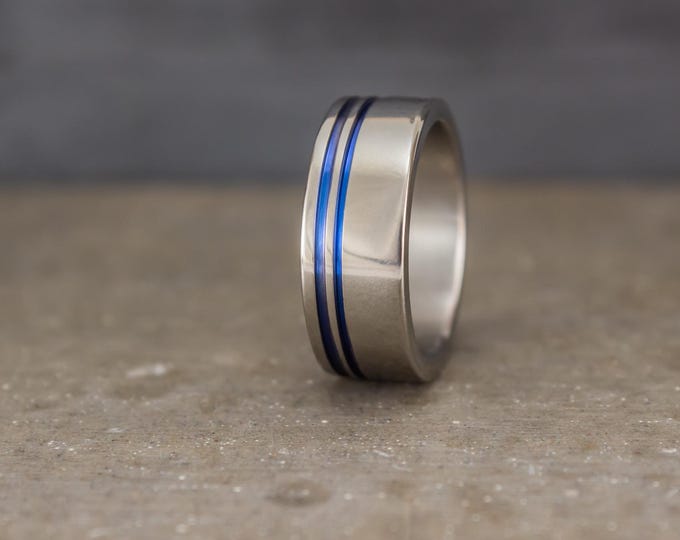 Polished Titanium Ring with Blue Anodized Inlays, Handmade Wedding Band. (00027_8N)