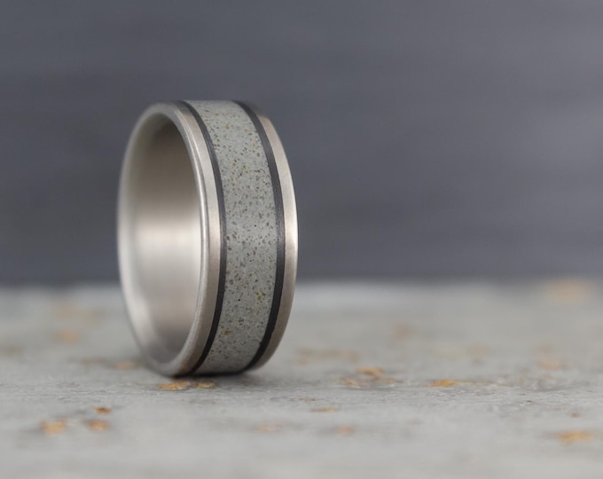 Matte Titanium Men's Wedding Ring, Gray Concrete & Carbon Fiber Inlays. (00800_7N)