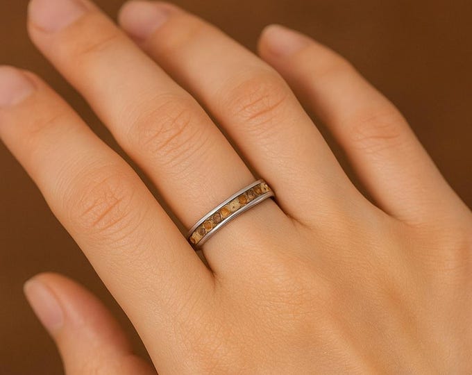 Titanium Ring with Brown Jasper Stone Inlay - Handmade Wedding Band. (03223_4N)