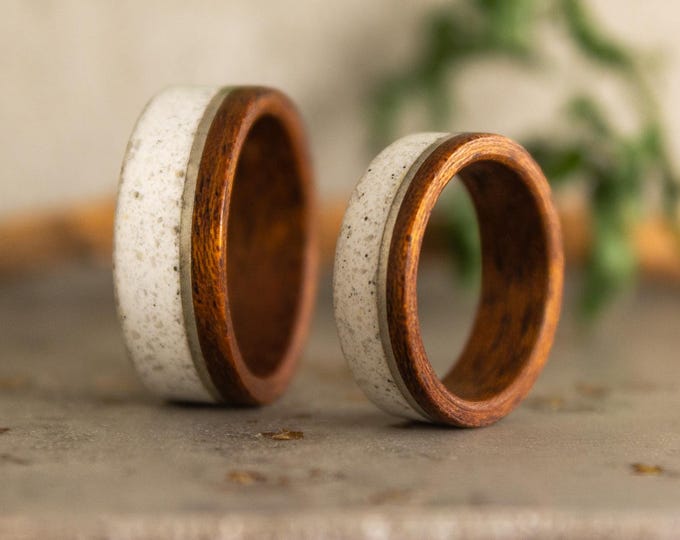 Featured listing image: Wedding bands set. White marble and cedar wood ring with silver inlay. Marble wedding band. Wooden engagement ring (00625_7N8N)