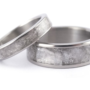 Titanium wedding ring set with mica mineral. Flat polished matching wedding bands. Polished titanium engagement rings (03233_4N7N)