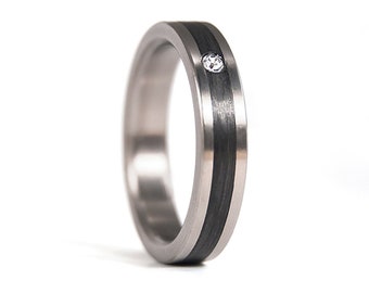 Matte titanium and carbon fiber ring for her. Black flat womens wedding band with Swarovski crystal. Engagement ring for her (00348_4S1)