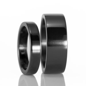 Black zirconium wedding ring set. Zirconium matching flat wedding bands. 01111_4N7N image 6