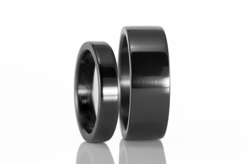 Black zirconium wedding ring set. Zirconium matching flat wedding bands. 01111_4N7N image 6