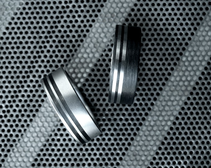 Featured listing image: Titanium and carbon fiber wedding ring set. Matte titanium black wedding bands. Flat matching bands.(00316_8N8N)
