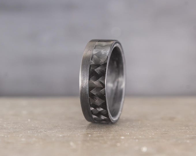 Handmade Black Carbon Fiber Flat Ring, Alternative Wedding Band. (00201_7N)