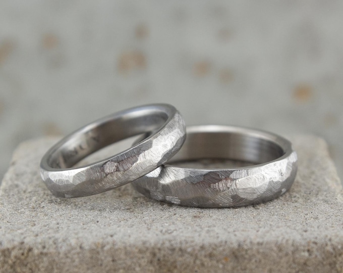 Hammered Titanium Wedding Ring Set, Matte Matching Bands. (00021_4N5N)