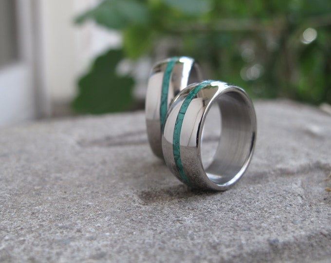 Malachite Inlay Titanium Wedding Bands - Handmade Matching Rings. (03235_8N8N)