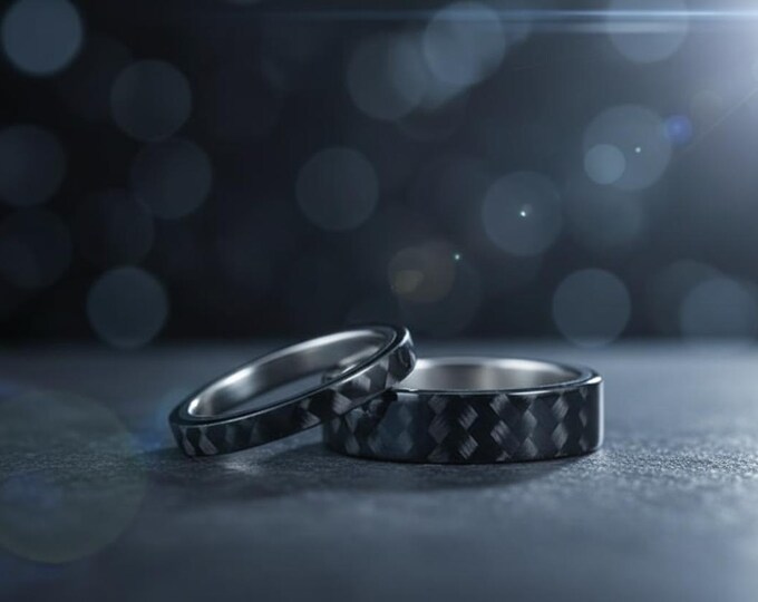 Titanium Carbon Fiber Wedding Band Set - Black Glossy Rings. (00312_3N6N)