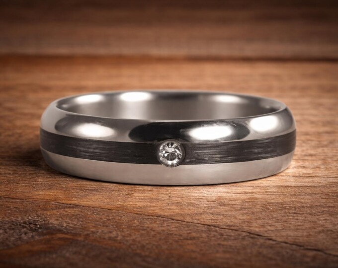 Titanium Carbon Fiber Ring, Black Band with Swarovski Crystal. (00345_4S)