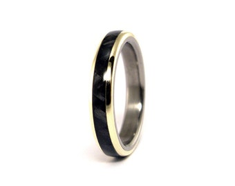 Titanium and 18ct yellow gold ring with carbon fiber inlay. Black and gold  wedding ring.  (04719_6N)